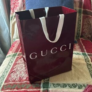 Authentic Gucci Maroon Glossy Shopping Bag Tote White Cloth Handles Gucci Ribbon